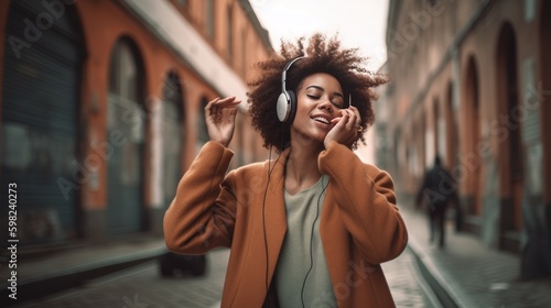 afro american girl with headphones dancing on the street, generative ai