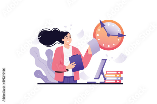 Deadline violet concept with people scene in the flat cartoon style. Woman is trying quickly complete all tasks because there is very little time left. Vector illustration.