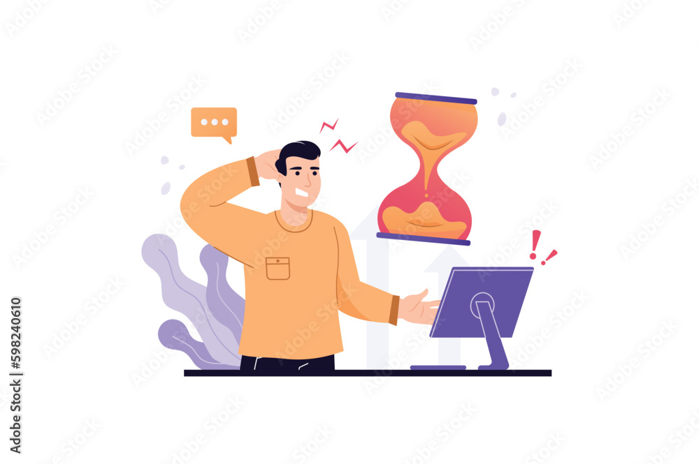Lateness violet concept with people scene in the flat cartoon design. Man understand that he will complete his task late. Vector illustration. Lateness violet concept with people scene in the flat cartoon design. Man understand that he will complete his task late. Vector illustration.