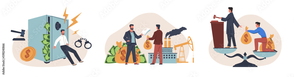 Corruption scenes. Concealment of income and tax evasion, judge bribery, financial fraud, people illegal activities, crimes for money, cartoon flat isolated illustration. Nowaday vector set - obrazy, fototapety, plakaty 