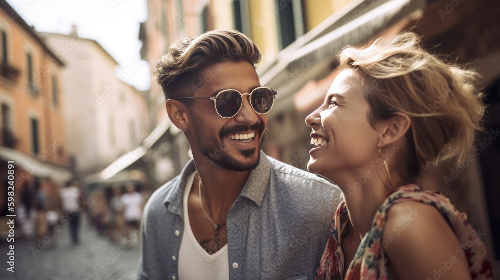 young couple on the street smiling, generative ai young couple on the street smiling, generative ai