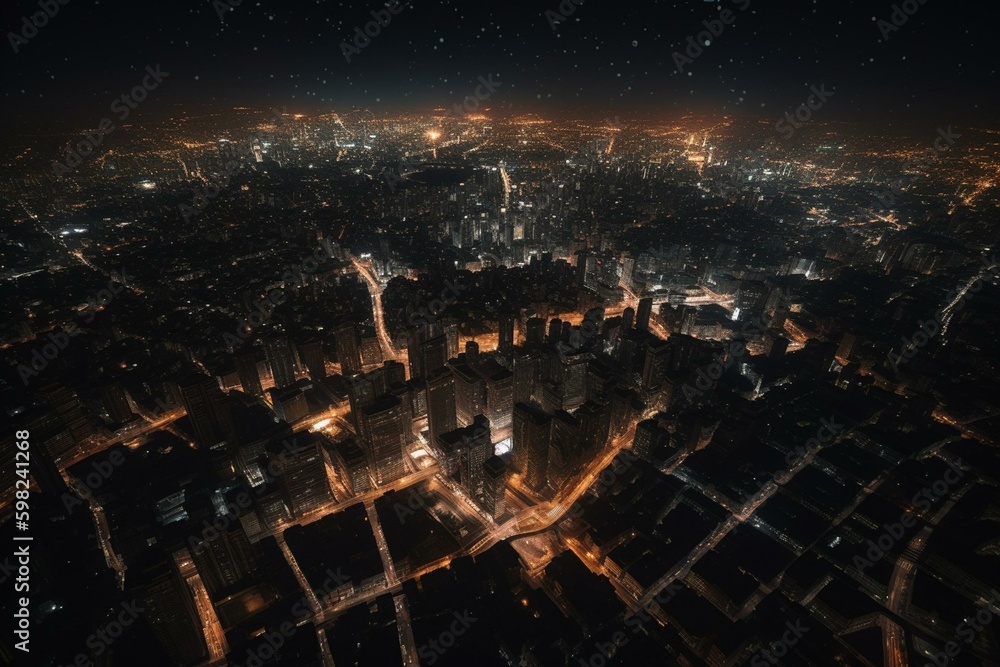 A view of illuminated cities at night from space. Generative AI