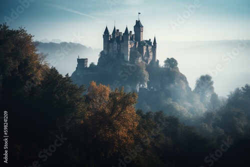 Medieval castle obscured by mist, a magical and enchanting fortress illustration. Generative AI