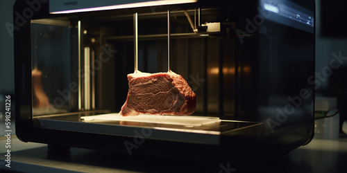 3D Lebensmitteldrucker Drucker erstellt essbares Fleisch aus Protein Patronen, ai generativ photo