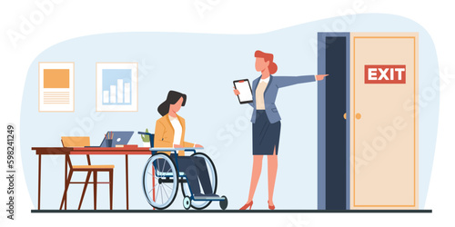 Discrimination against disabled people with woman in wheelchair in hiring. Sad jobless person, unemployment people, career failure. Cartoon flat isolated vector discrimination concept