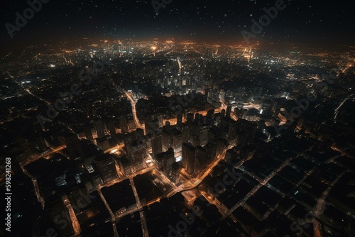 A view of illuminated cities at night from space. Generative AI © Ione