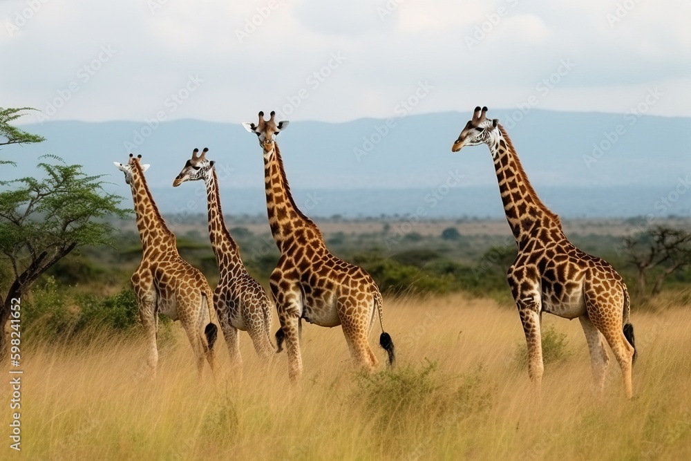Obraz premium A group of giraffes grazing in the savanna