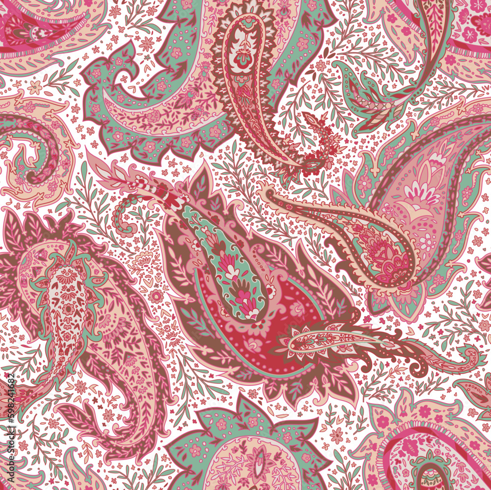 Blooming flowers and leaves, paisley seamless