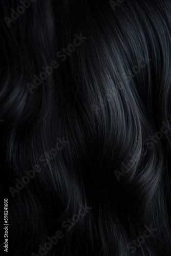 A closeup view of a bunch of shiny straight black hair in a wavy curved style. Generative AI Generative AI