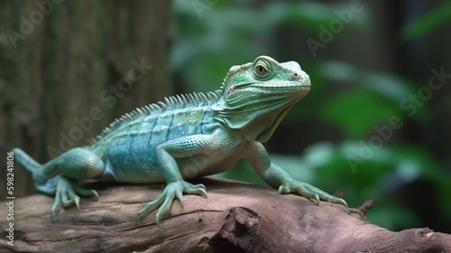 Green Iguana close upon branch, animal closeup. generative ai © We3 Animal