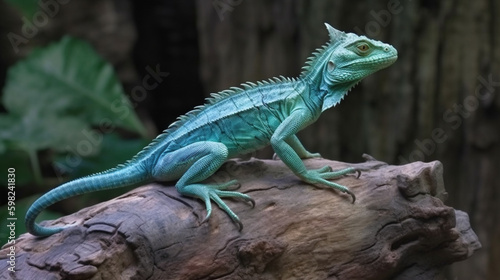 Green Iguana close upon branch  animal closeup. generative ai