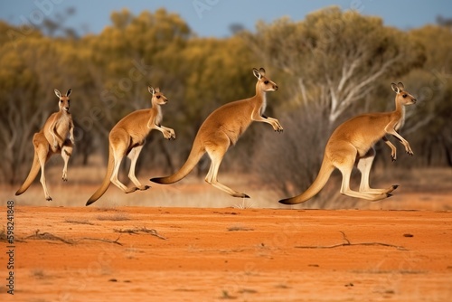 A group of kangaroos jumping through the outbac