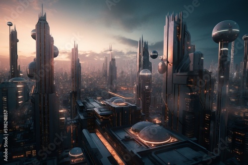 A futuristic metropolis with towering, ominous buildings. Generative AI