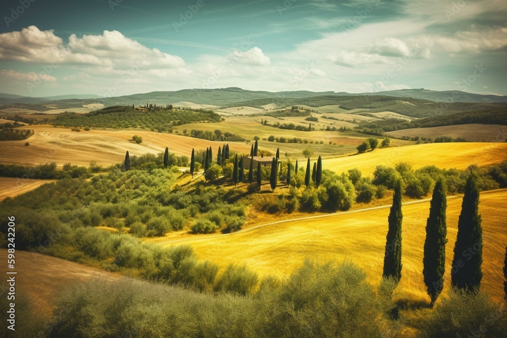 Tuscany landscape with yellow fields and green cedar trees. Countryside agricultural scene. Generative AI