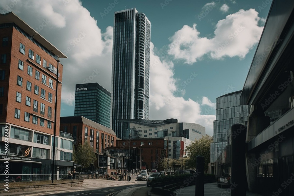 View of Leeds city center and Bridgewater Place skyscraper. Located in Yorkshire, northern England, United Kingdom. Generative AI