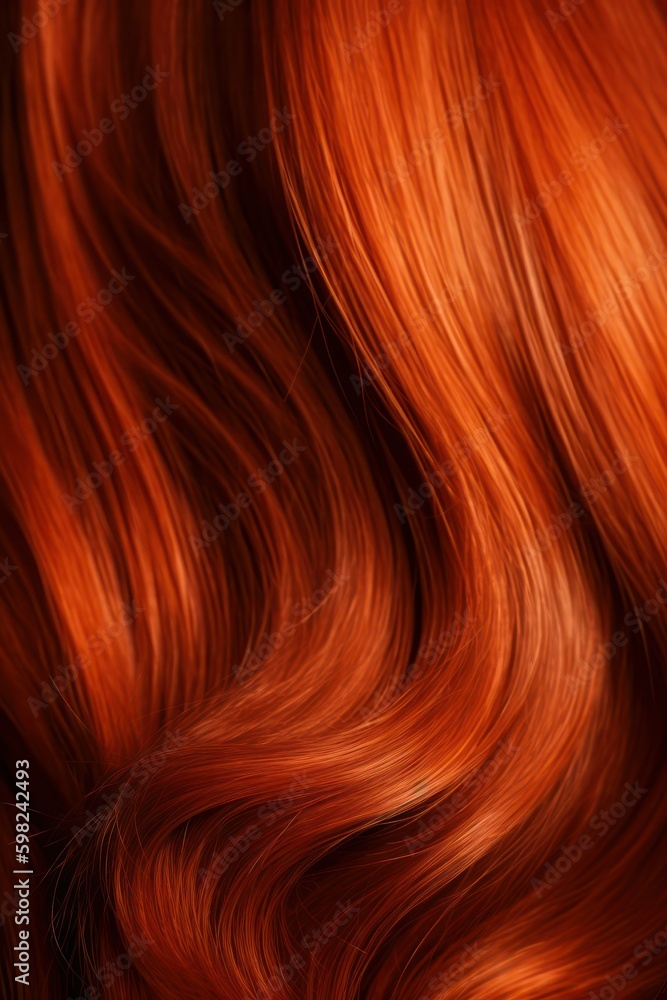 A closeup view of a bunch of shiny straight red hair in a wavy curved style. Generative AI Generative AI A closeup view of a bunch of shiny straight red hair in a wavy curved style. Generative AI Generative AI