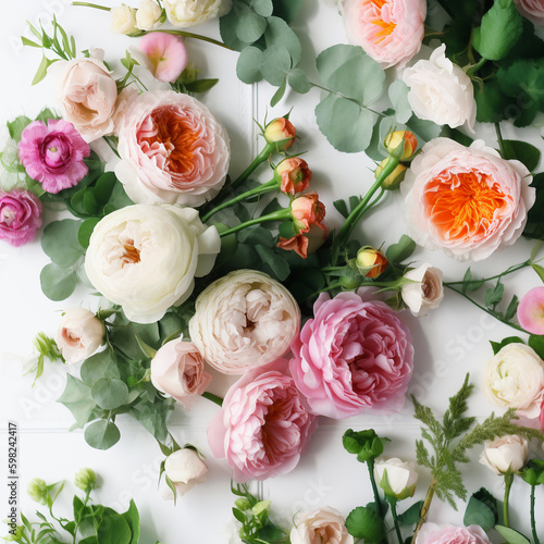 pink peony flowers on white background surrounded with green leaves © EvgeniiasArt