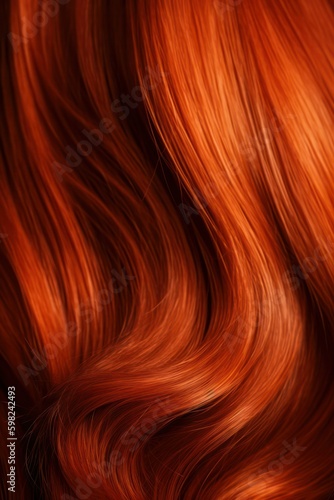 A closeup view of a bunch of shiny straight red hair in a wavy curved style. Generative AI Generative AI