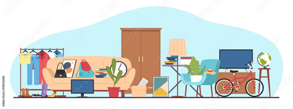 Naklejka premium Garage sale concept, flea market, buying antiques, old things, furniture and books. Second Hand clothes. Antique accessory. Horizontal banner template. Vector cartoon flat isolated illustration