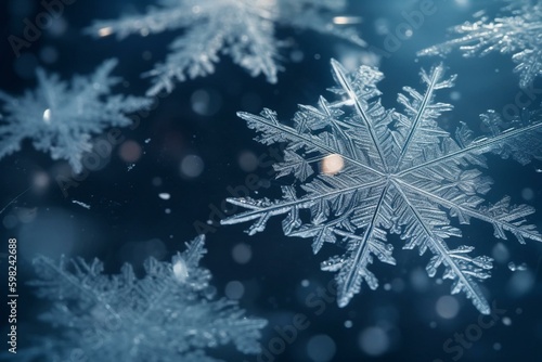 Seasonal wallpaper with icy snowflakes and space for text. Generative AI
