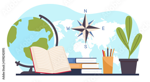 Geography school kit, globe and books, map and writing materials. Travel in foreign countries, objects on table, learning tools cartoon flat isolated colorful vector education concept