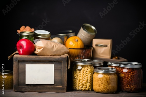 Various Foods In A Donation Cardboard Box and copy space for text. Food for the poor. Charity, donation and volunteering concept. Food bank. Generative AI