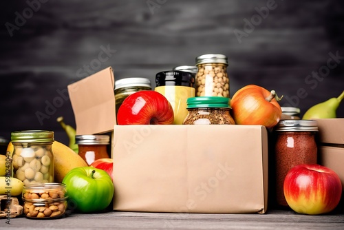 Various Foods In A Donation Cardboard Box and copy space for text. Food for the poor. Charity, donation and volunteering concept. Food bank. Generative AI photo