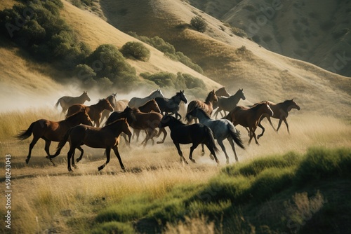 A herd of wild horses running through a valle