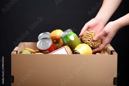 Various Foods In A Donation Cardboard Box and copy space for text. Food for the poor. Charity, donation and volunteering concept. Food bank. Generative AI