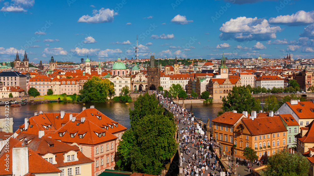 Obraz premium Prague historical center beautiful skyline with Charles Bridge and River Vltava