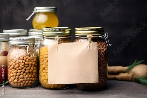 Various Foods In jars and copy space for text. Food for the poor. Charity, donation and volunteering concept. Food bank. Generative AI