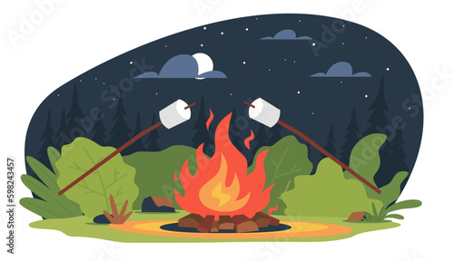 Glade in woods, campfire in forest, marshmallow grill in bonfire in camping. Night landscape. Outdoors dinner for travellers. Tourist leisure time. Cartoon flat illustration. Vector concept