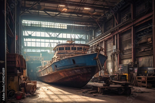 Old rusty ship under repair on dry dock. Created with Generative AI technology.