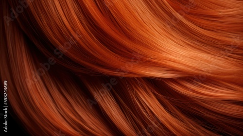 A closeup view of a bunch of shiny straight red hair in a wavy curved style. Generative AI Generative AI