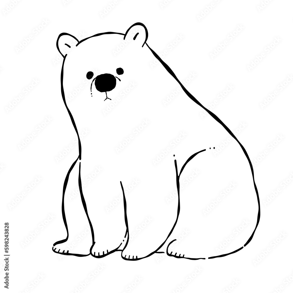 お座りしている手描きのシロクマの線画イラスト お座りしている手描きのシロクマの線画イラスト