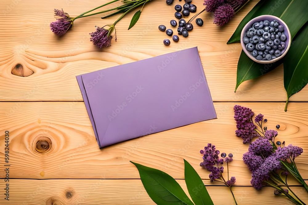Top view of lilac flowers and blank postcard on natural vibrant background with copy space Top view of lilac flowers and blank postcard on natural vibrant background with copy space