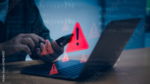 concept, warning or alert Tech scam, users get smartphone warnings Have access to malicious cyberattack virus software or threats to hack online networks. technology security