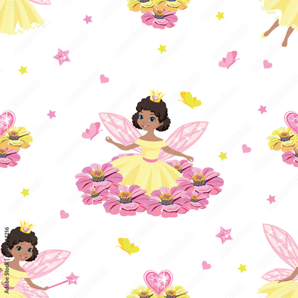 Beautiful princess seamless pattern in cartoon style. Vector background with cute fairies, flowers and butterflies. Beautiful princess seamless pattern in cartoon style. Vector background with cute fairies, flowers and butterflies.