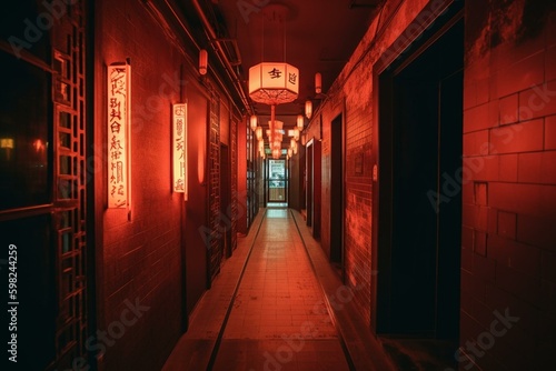 Dim passageway lit by glowing fluorescents. Generative AI