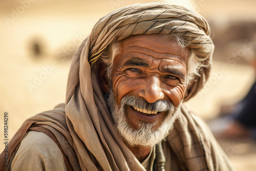 A portrait of a smiling old Muslim. Created with Generative AI technology. © Adrian Grosu