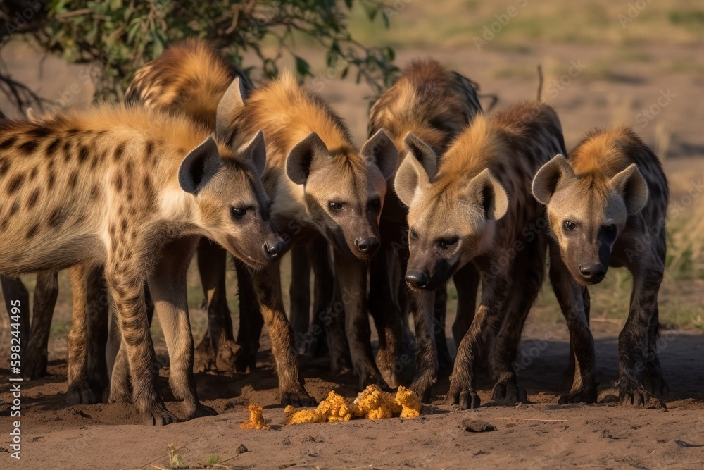 Fototapeta premium A pack of hyenas scavenging for foo