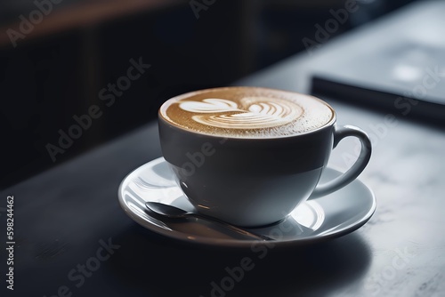 A latte cup on a table presented with smooth lines  soft focus lens  strong contrast  and chiaroscuro  creating a highly detailed and intricate image of latte art. The composition evokes a comfortable