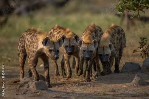 A pack of hyenas scavenging for foo