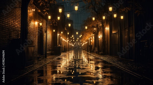 empty street of the city under the warm illumination of lanterns on a rainy night. Generative AI Generative AI