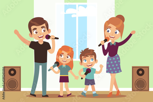 Karaoke time, parents and children sing songs into microphone. Mother and father with son and daughter. Musical leisure time. Party at home. Cartoon flat style isolated vector concept
