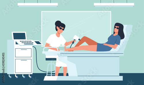 Laser hair removal, woman removes her leg hair with laser. Girl and doctor in beauty clinic, skin care procedure, photoepilation appliance, cartoon flat style isolated vector concept