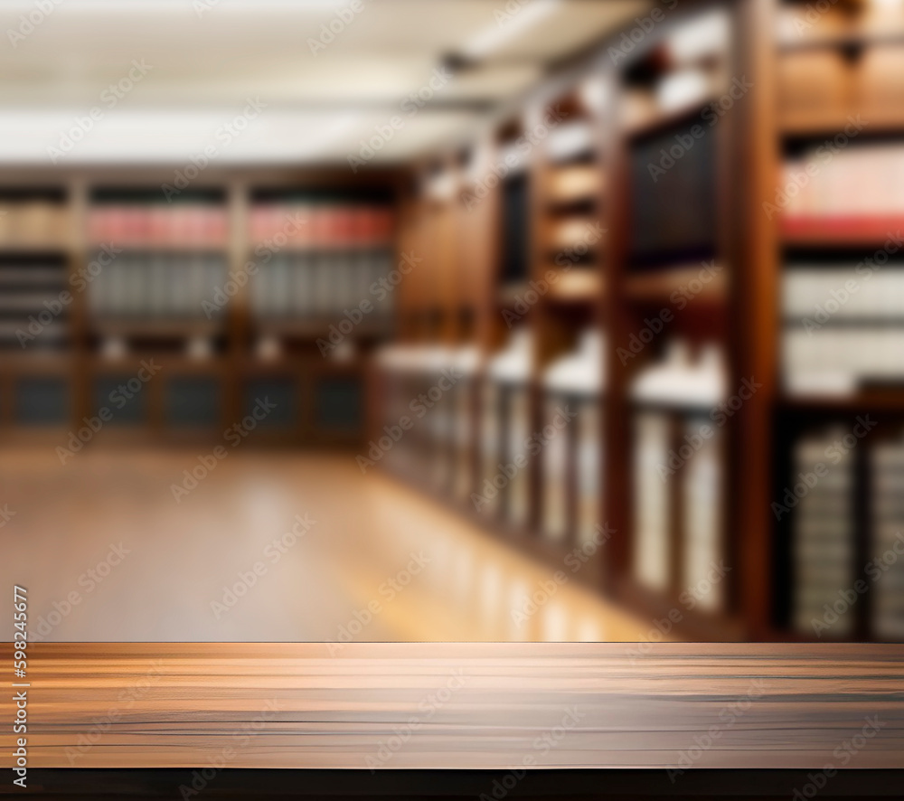 A wooden table in a library with bookshelves in the background