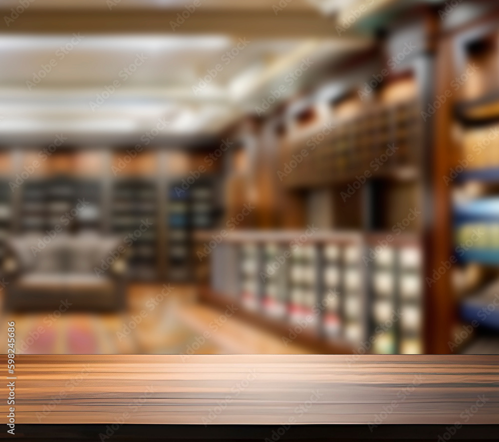 A wooden table in a library with bookshelves in the background