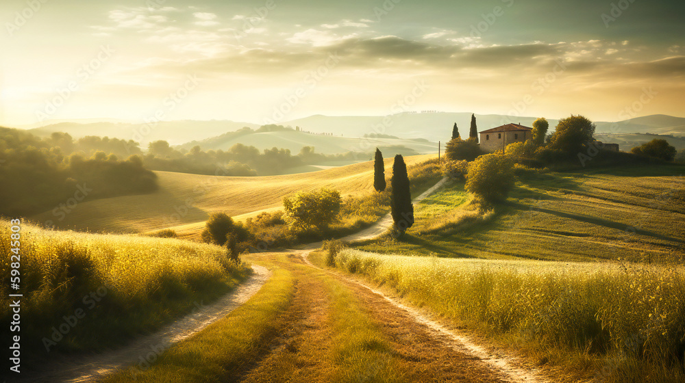 Fototapeta premium Beautiful nature landscape under morning light. Created with Generative AI technology.