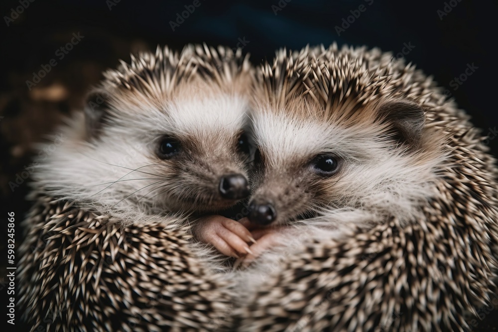 Fototapeta premium A pair of hedgehogs cuddled up togethe